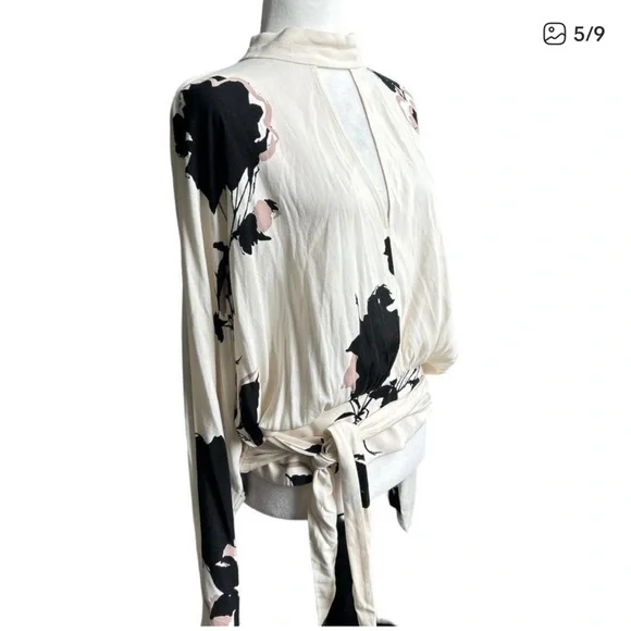 Free People Black and White Floral Wrap Blouse - Picture 5 of 9